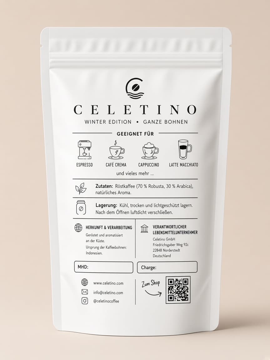 Rückseite der CELETINO Winter Edition mit Zutaten und Herkunft