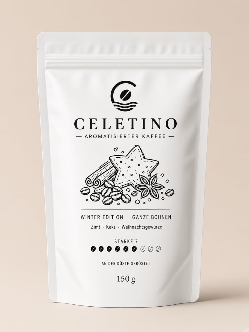 Vorderseite der CELETINO Winter Edition, weiße 150 g Packung mit ganzen Bohnen