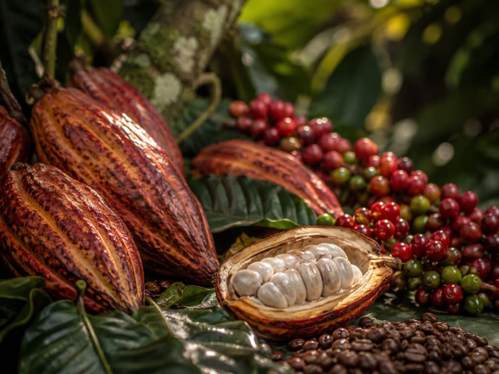 Kakaofrüchte und Kaffeebohnen – die Rohstoffe der Schoko Note