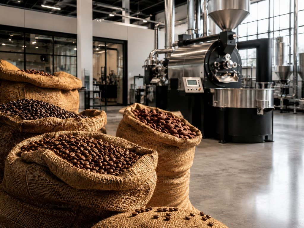 Rösterei mit Kaffeesäcken und professioneller Röstmaschine